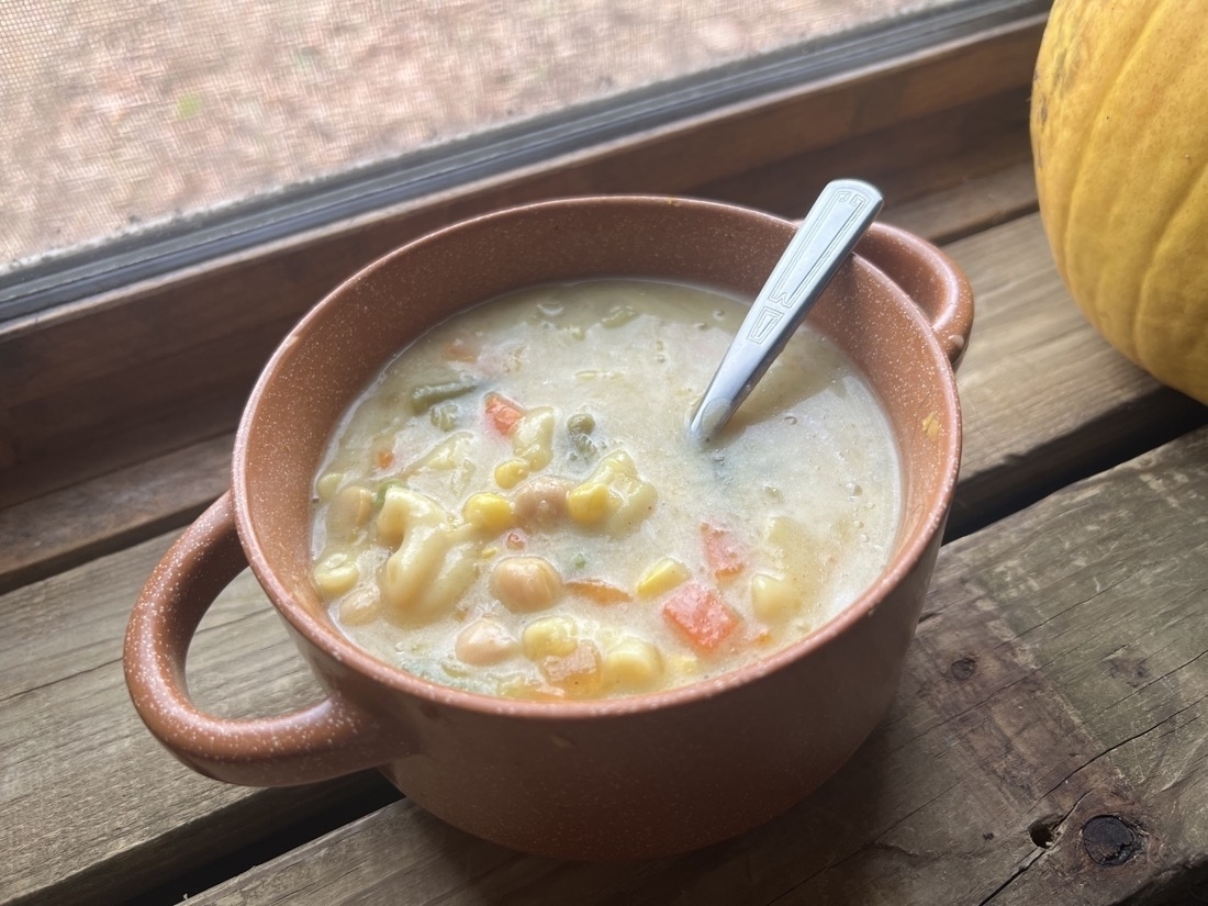 A bowl of creamy pumpkin vegetable soup