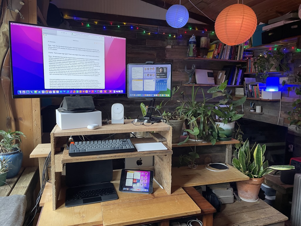 An improvised standing desk with raised shelves holding a keyboard and display. To the right of the display an iPad in a stand. There are numerous plants on the shelves. In the background rustic wood paneled walls and colorful light spheres. 