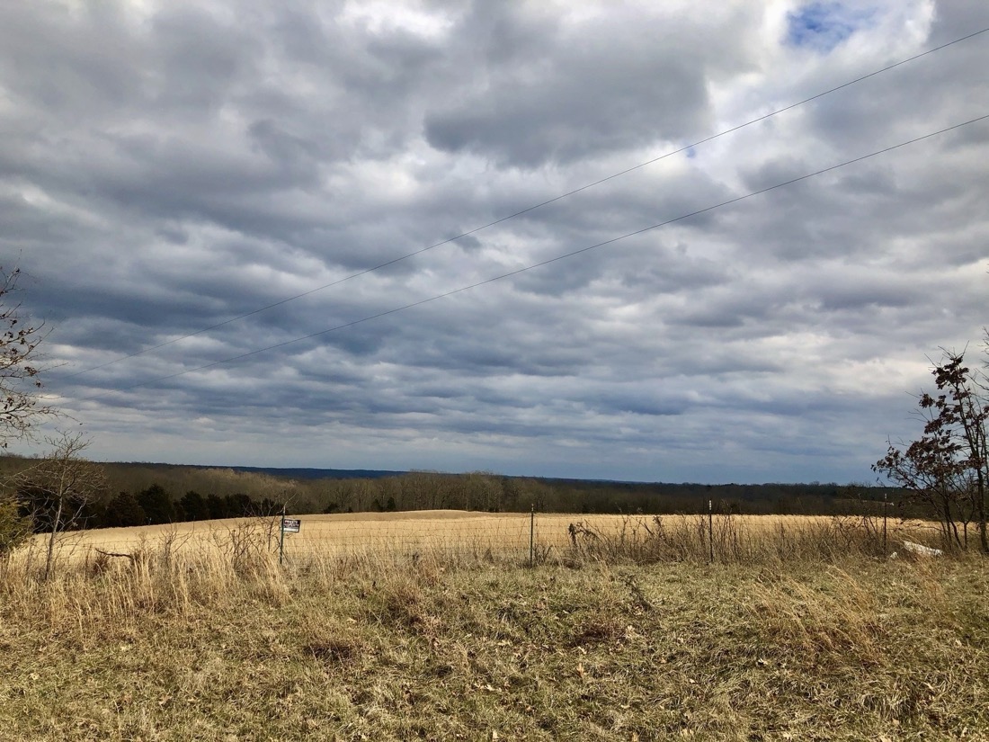 Brown grass in a winter field set against distant rolling hills and a dramatic cloudy sky