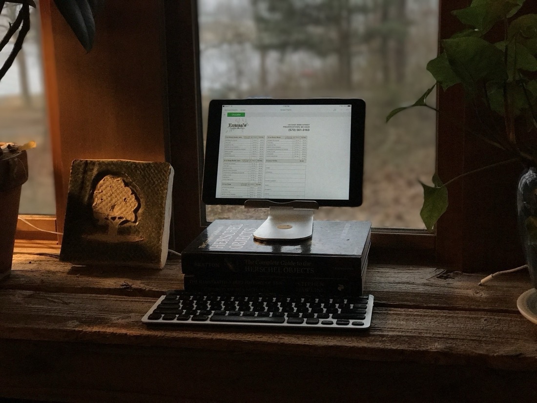 An iPad sits in a stand placed on two books near a window and on an old wood plank shelf or desk. In front of the books is a keyboard. A soft warm light out of frame on the left side. Plants are visible to the left and right of the window and iPad.