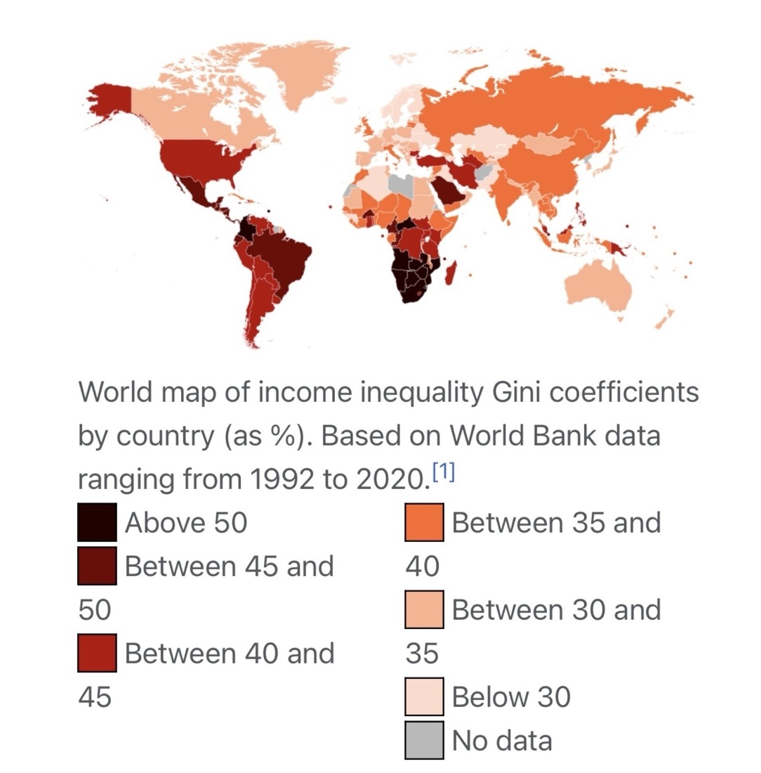 World map of income inequality Gini coefficients by country \(as %\). Based on World Bank data ranging from 1992 to 2020.