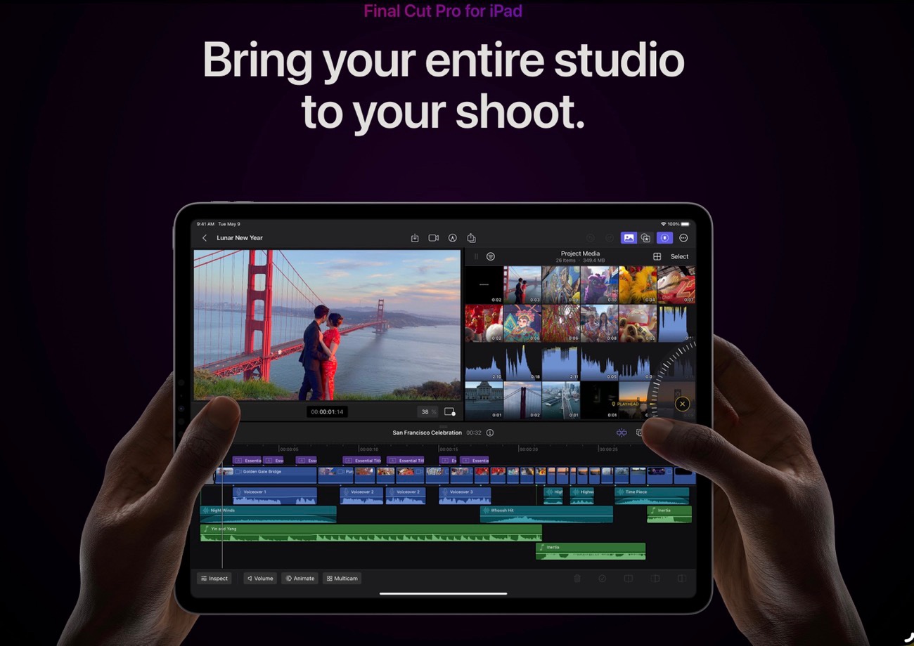 A photo of two hands holding an iPad Pro. The Final Cut Pro application is open on the iPad Pro. At the top of the image is text: 