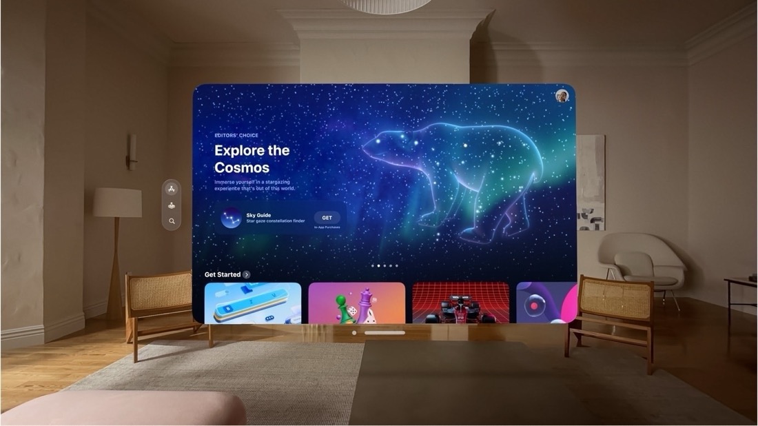 A visual depiction of the view through the Apple Vision Pro showing an augmented reality view of a living room with an AppStore window depicting the Sky Guide app floating in the middle of the room