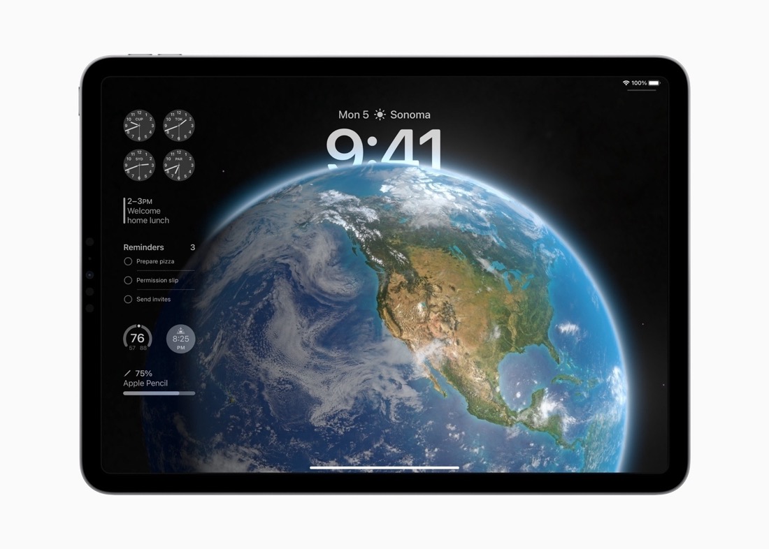 A screenshot of an Apple iPad showing the Earth wallpaper and new Lock Screen Widgets