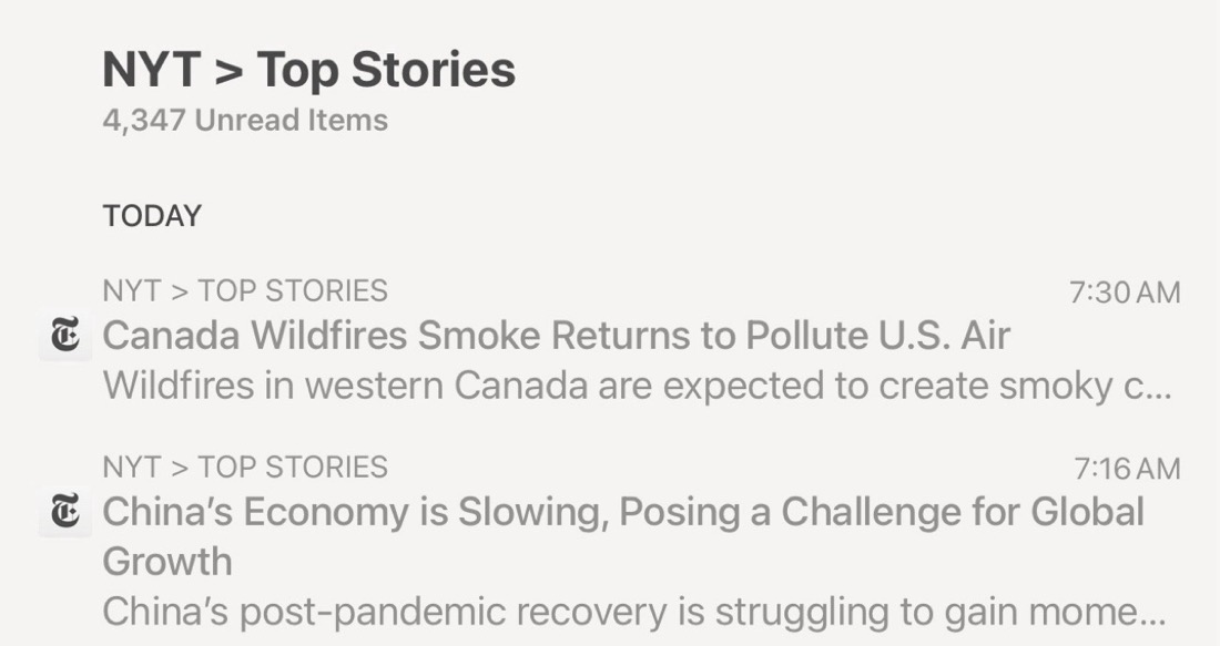 A screenshot of recent headlines taken from the New York Times Top Stories Canada Wildfires Smoke Returns to Pollute U.S. Air Wildfires in western Canada are expected to create smoky China's Economy is Slowing, Posing a Challenge for Global Growth China's post-pandemic recovery is struggling /></p>

<p>Capitalism and its insistence on perpetual growth is not, and will never be, compatible with solving the climate crisis. Nor is it concerned with human or ecological health in general.</p>



</div>
	</div>
	
	  </div> <!--end container-->
</div><!--end band-->

	  

<div class=