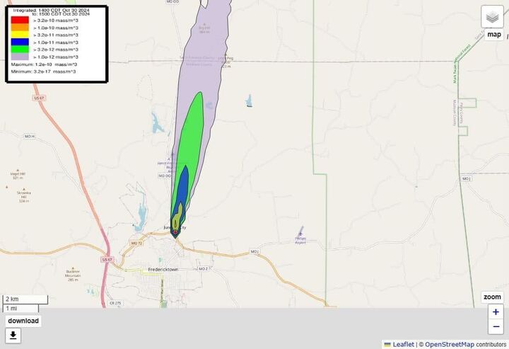 a map showing a various color coded elongated ovals each of which represent the intensity of a toxic plum that spread several miles north of an industrial fire