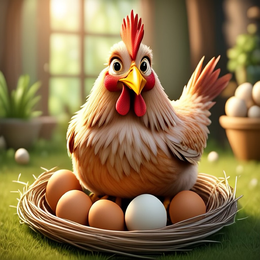 a chicken sitting on a nest of eggs