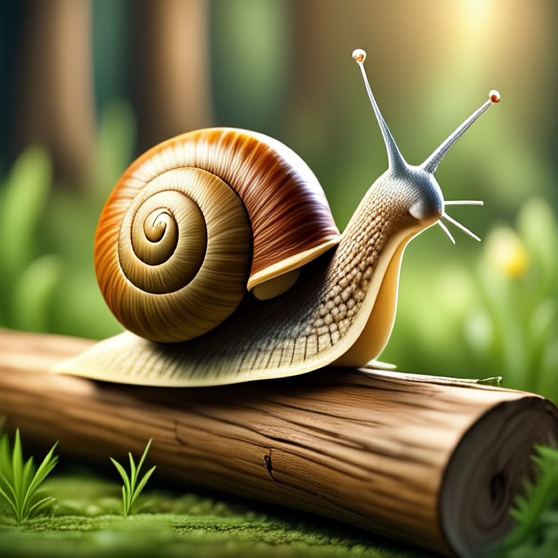 a snail on a log in the woods