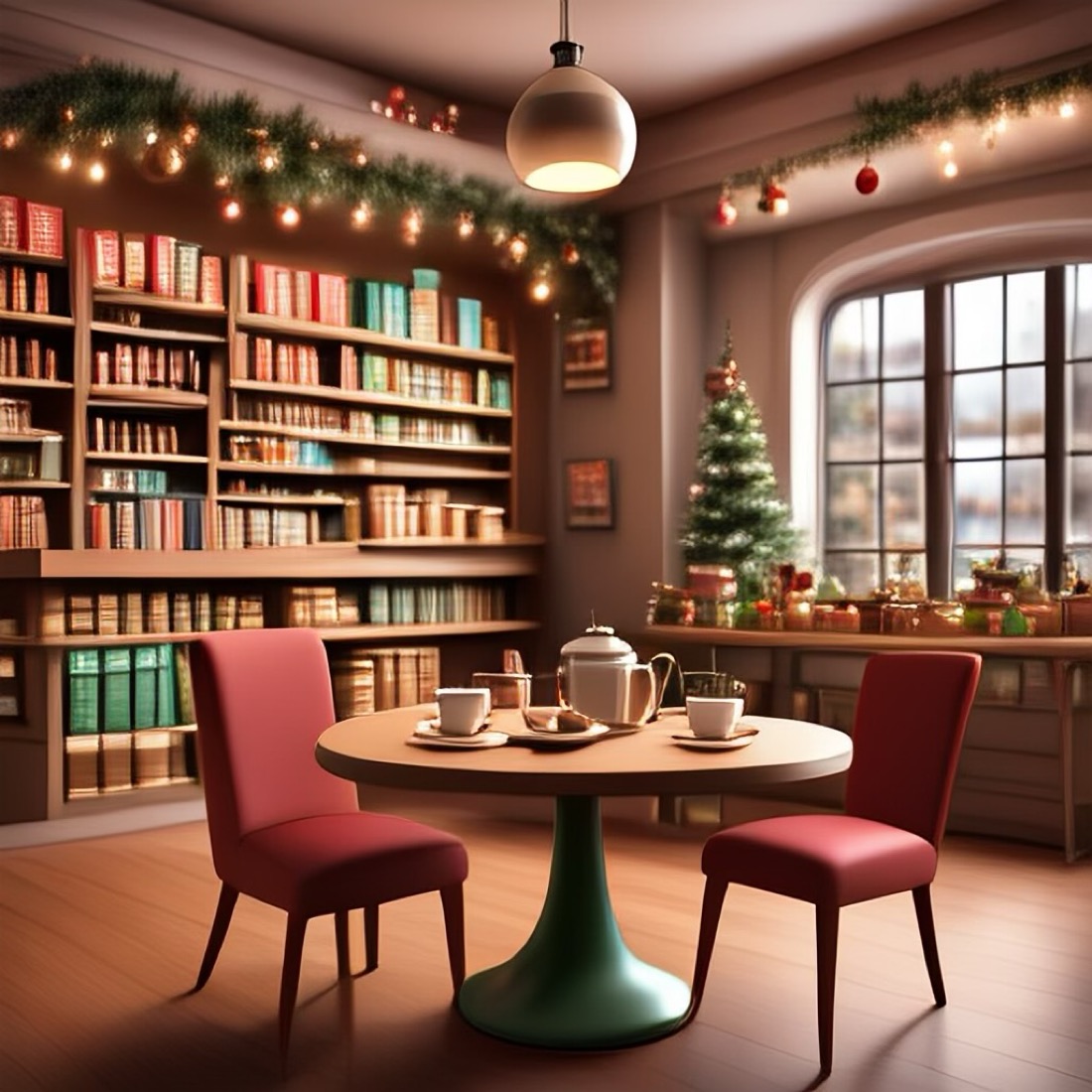 a holiday themed interior of a shop with a table and refreshments