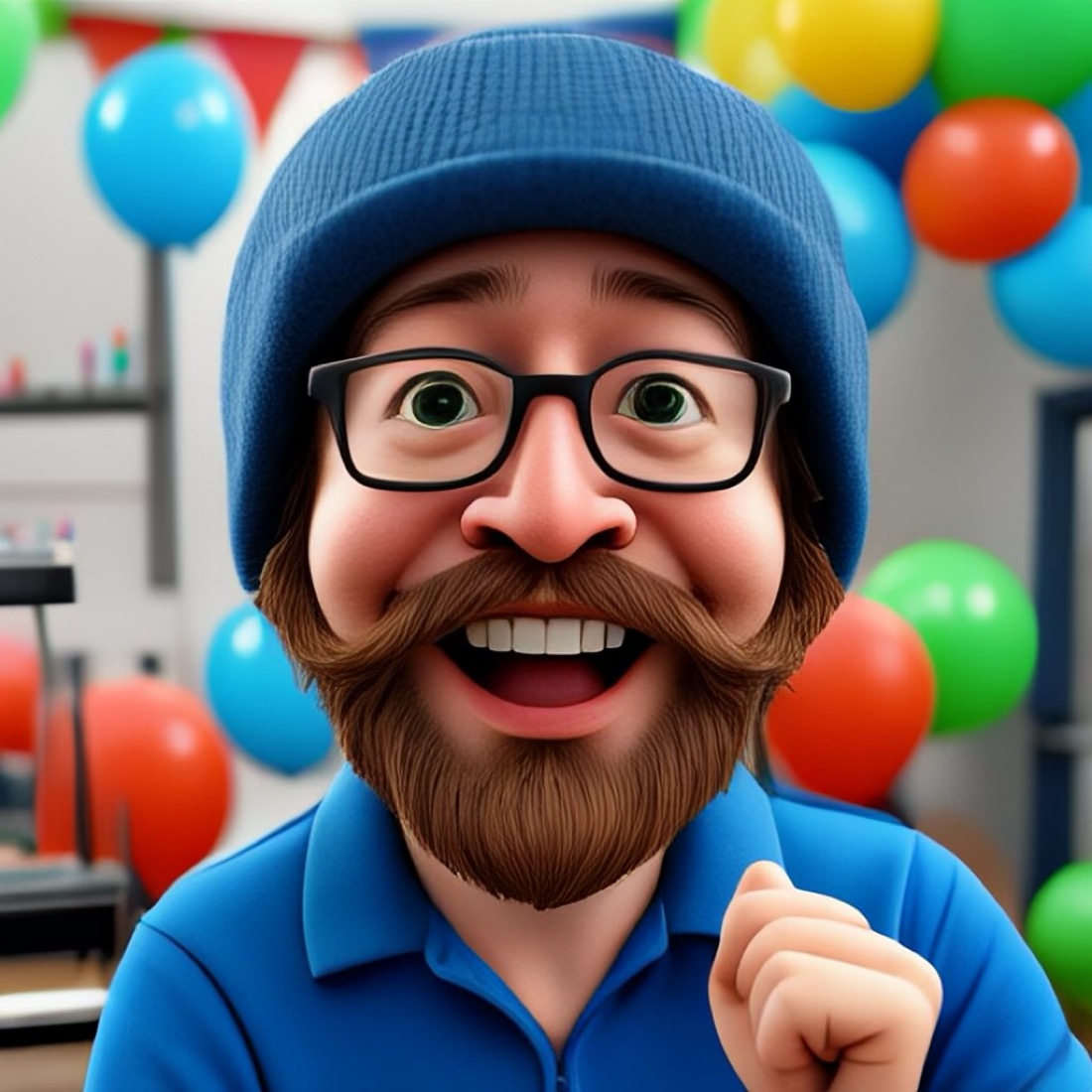 A very happy bearded guy with glasses at a party with balloons in the background