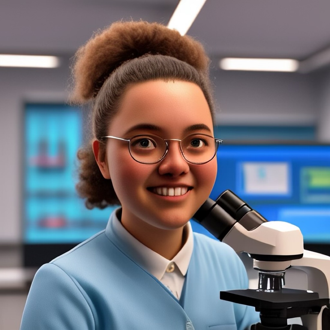 A young woman wearing blue at a microscope