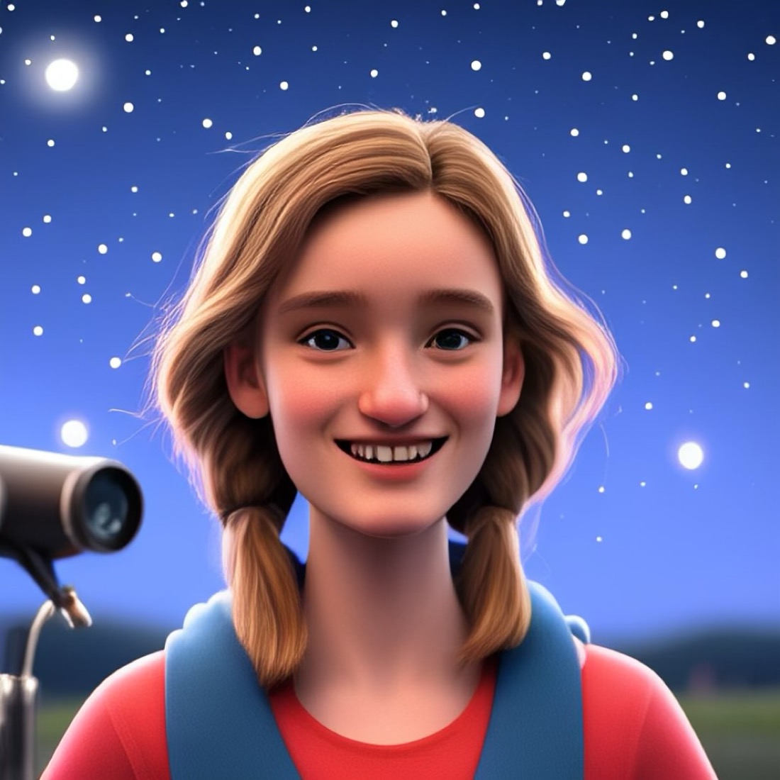 a girl with stars and telescope in the background