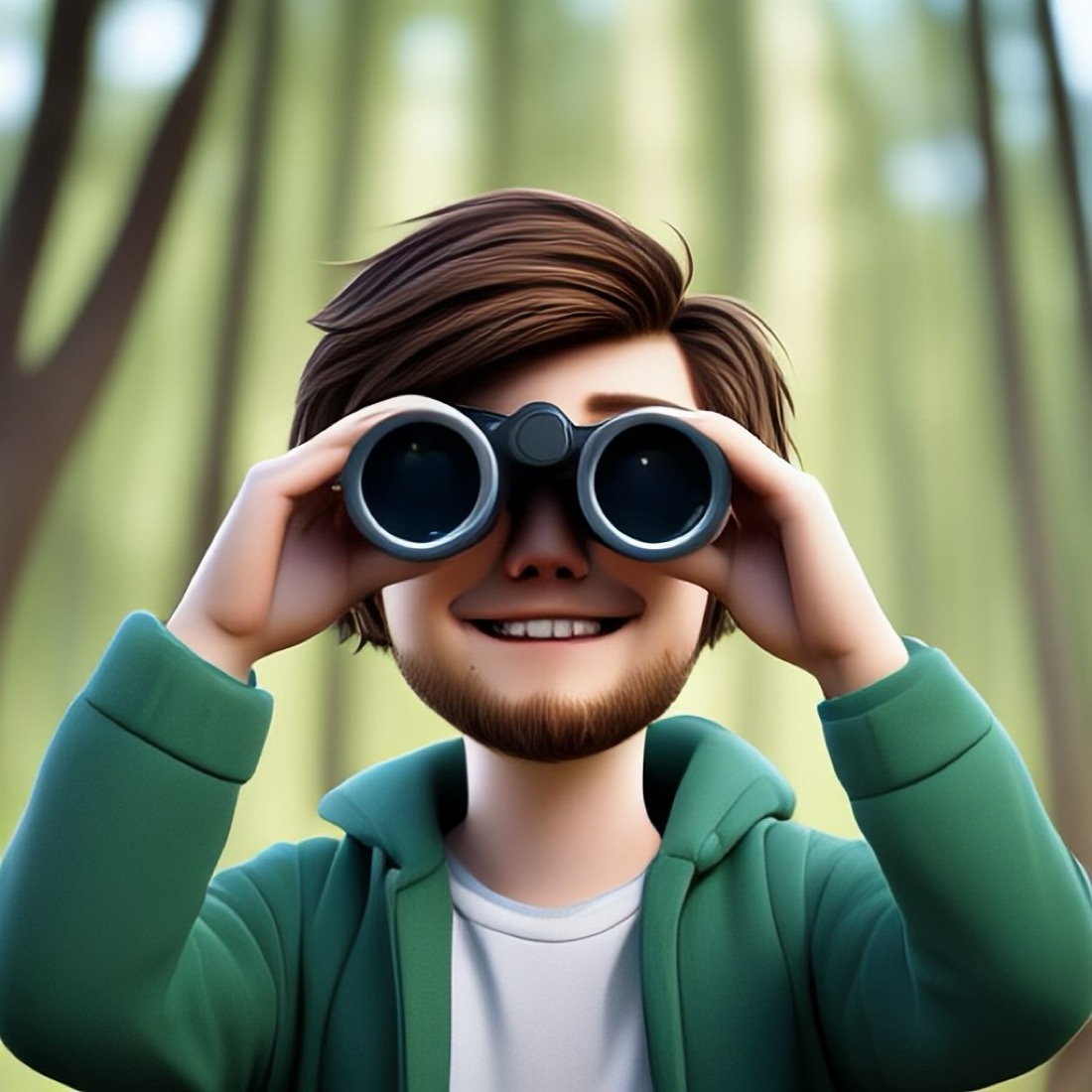 a young guy with binoculars in the woods