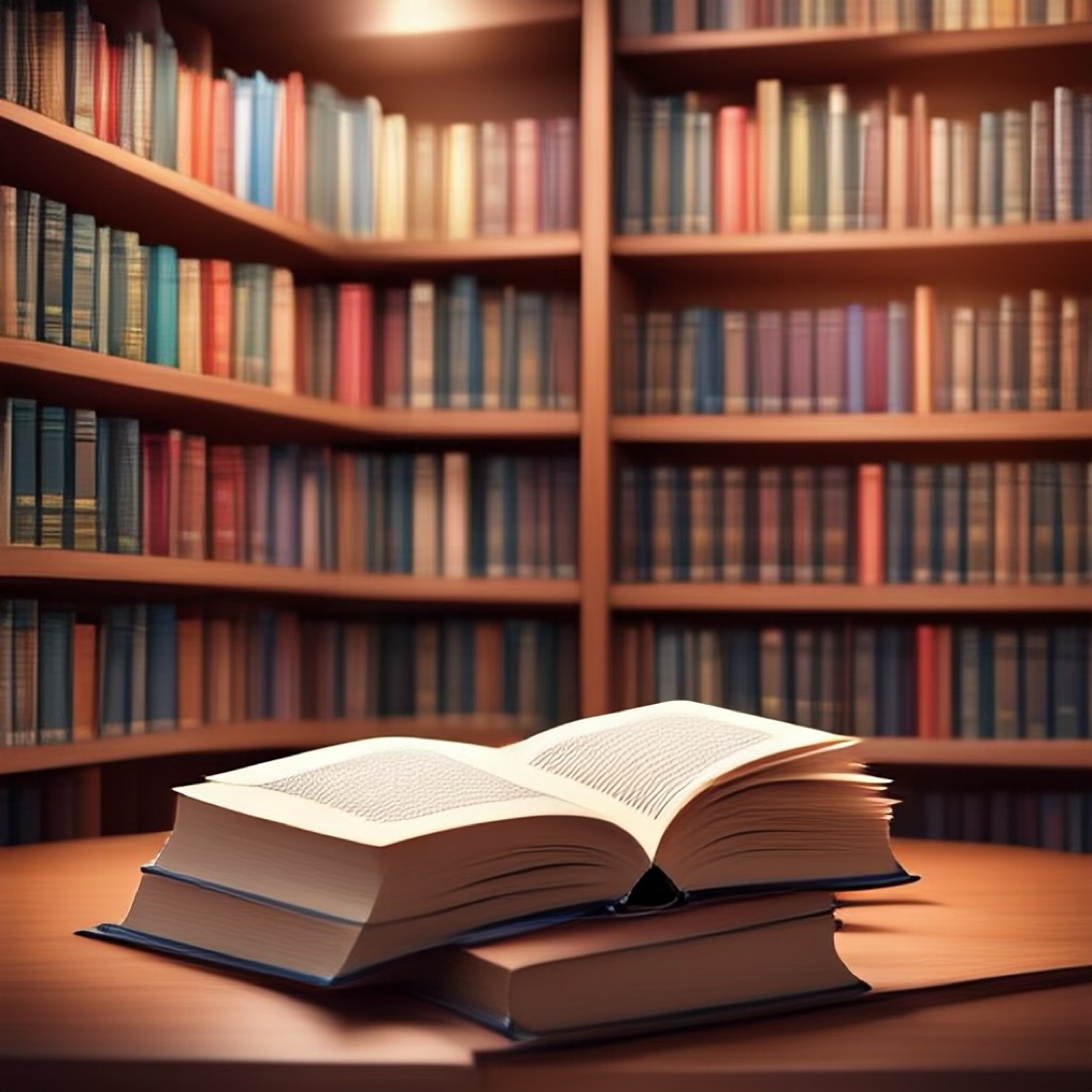 books on a table with shelves of books in the background