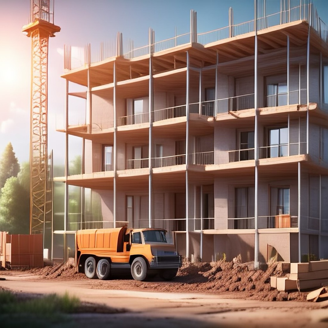 A construction site with building and yellow truck