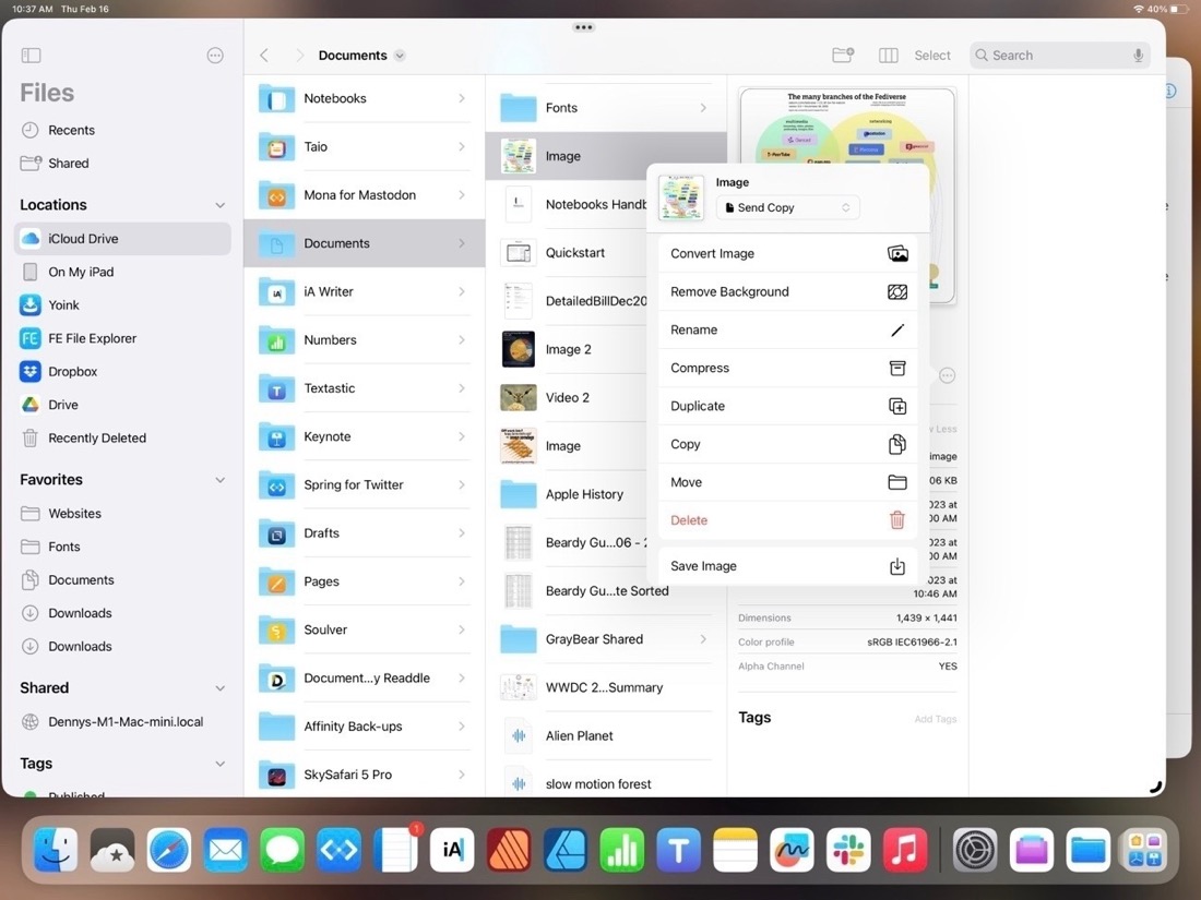 The Files app on iPad displaying multiple column of files, a context menu reveals numerous file options.