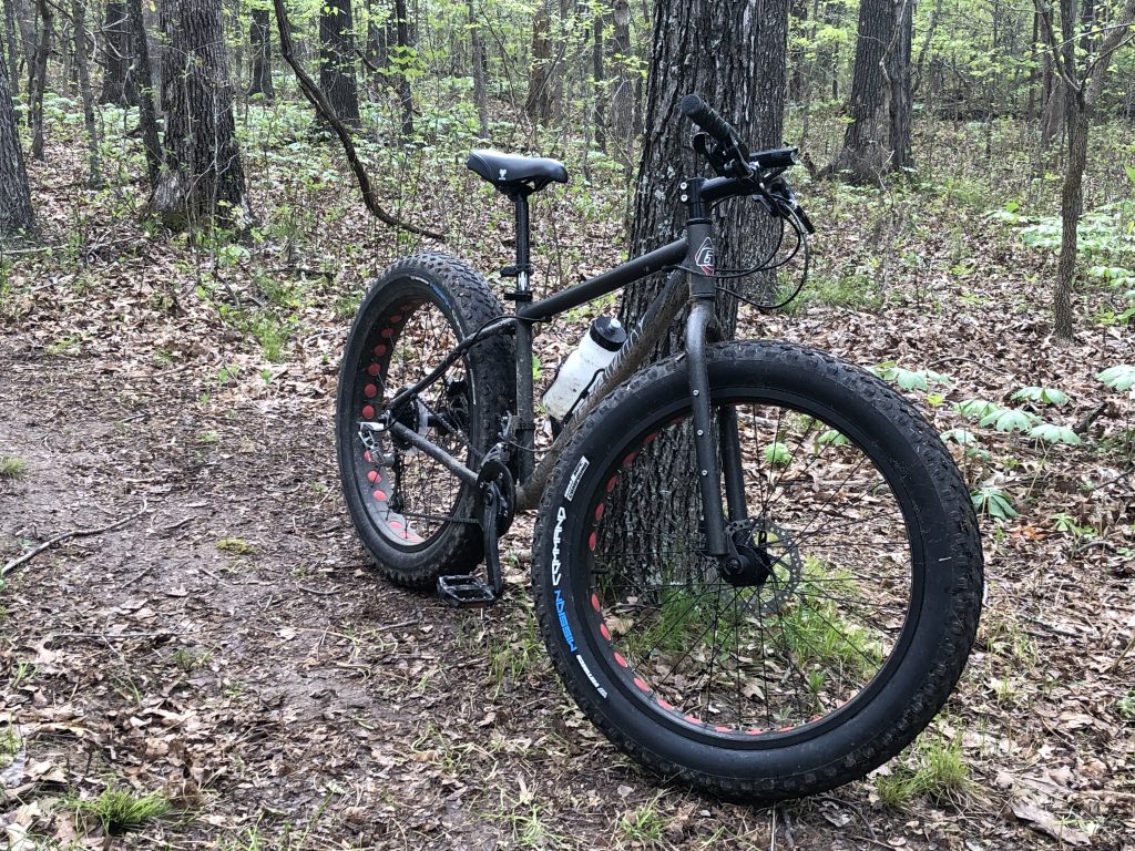 a black fat tire bike leans against a tree on a trail in the woods