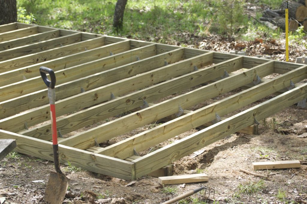 The floor of my cabin under construction. Just the frame with joists were finished in the photo. Plywood was added after photo was taken