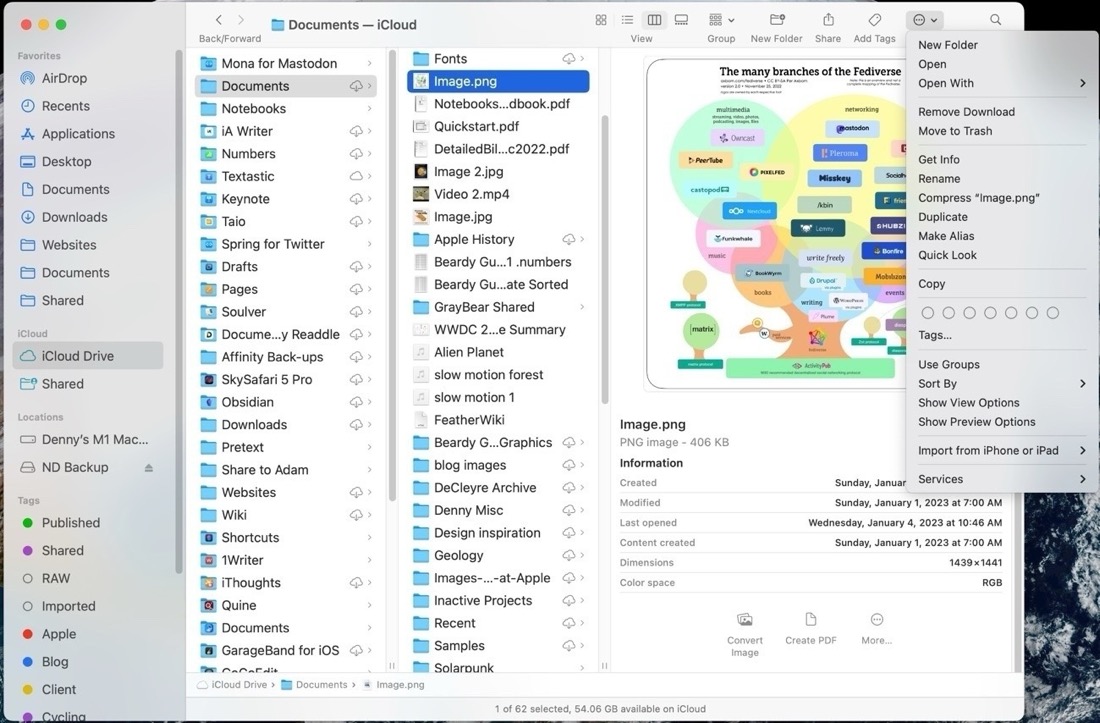 The Finder on a Mac displaying multiple column of files, a context menu reveals numerous file options.