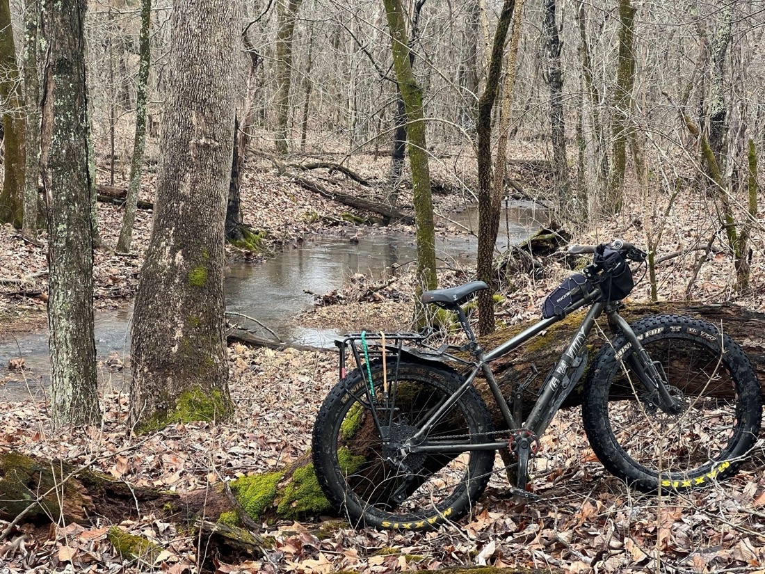 A fat tired bike leans against the moss covered remains of a fallen tree. In the background is a creek in a winter woodland.