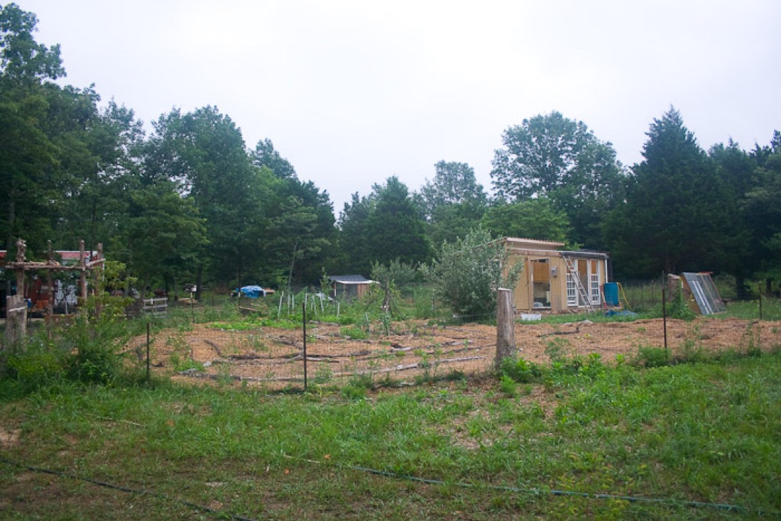 A straw mulched garden area with a fence around it. In the background are a couple of small buildings