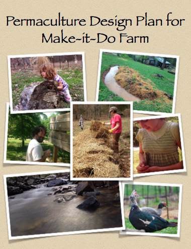 A document cover with a title: Permaculture Design Plan for Make-it-Do Farm and a collage of photos of the farm