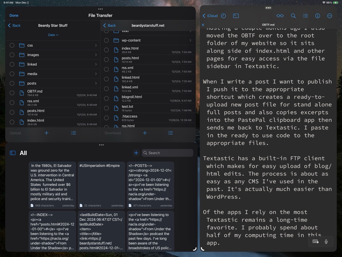 A screenshot of an iPad with three windows open. In the top left quarter is the Textastic app showing the FTP client with local files on the left side and remote files on the right side. The right half of the screen is a text document open in Textastic. In the bottom loft quarter is the PastePal app with numerous tiles of text.