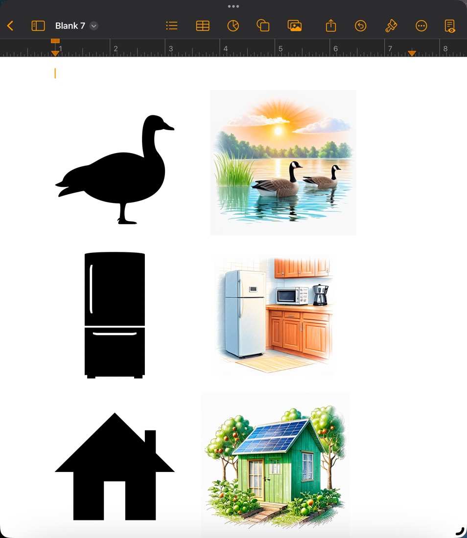 A screenshot of the Pages application with 3 instances of clip art, a goose, a refrigerator and a house. Next to each is a much better color illustration of those objects.