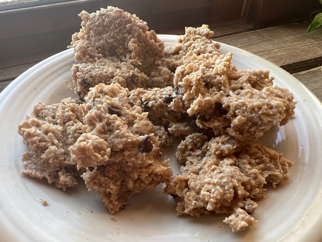 A plate of funky, crunchy looking chocolate chip cookies