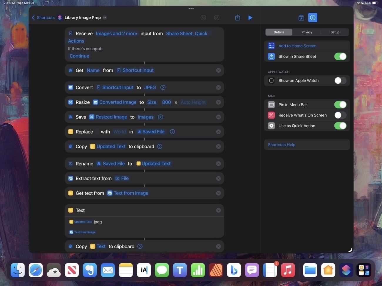 A screenshot in dark mode of the Shortcuts app on an iPad